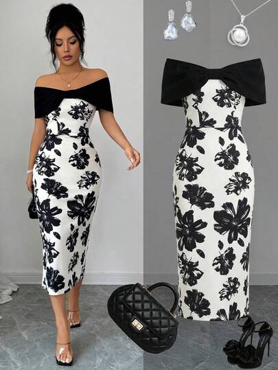 SHEIN Elenzya Off Shoulder Bow Contrast Color Waist Fitted Floral Print Fabric Elegant Romantic Minimalist Women Dress