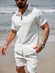 Ventusail 2 件套男士夏季休闲纯色纹理衬衫和短裤套装 - 白色 - 查看 2