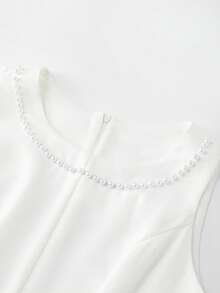 Franclia Elegant Party Mini Dress With Pearl Decor,Women's White Summer Classy Sleeveless Structured Short Dress,Spring Pearl Trim Elegant Dress - White - View 4
