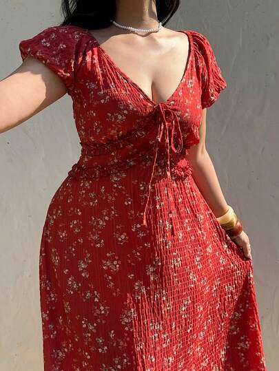 Sunnyshic Plus Size Women's French Romantic Vacation Collegiate Style Puff Sleeve Scoop Neck Ruffle Trim Lantern Sleeve Design Dress, Short Sleeve Dress, Sundress, Wedding Season Dress, Regular Dress, Floral Dress, Vacation Dress, Back To School Dress, Summer Plus Size Dress, Countryside Vacation Outfit Suitable For Spring, Summer, All Seasons