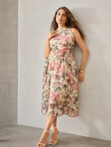 MOTF PREMIUM WOMEN'S ELEGANT RUFFLE TRIM ALLOVER PRINT SLEEVELESS DRESS - Multicolor - View 6