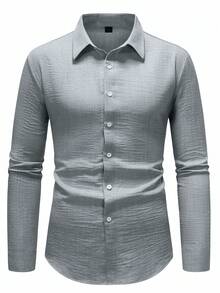 Manfinity Mode 男士休闲长袖衬衫，带胸袋 - 宽松版型，纯色，秋冬季节的理想之选 - 男士款 - 亚麻混纺面料 - 适合休闲场合 - 父亲节好礼之选 - 男士正装衬衫 - 修身衬衫 - 浅灰色衬衫 - 男士弹力衬衫 - 商务休闲衬衫 - 淺灰色 - 查看 4