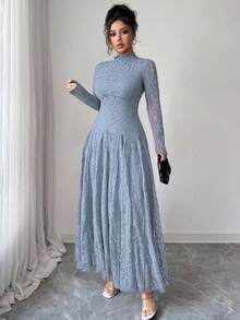 Modelyn 女士法式高领蕾丝收腰连衣裙 - 藍色 - 查看 4