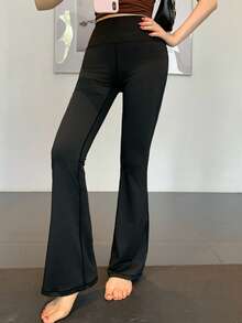 DAZY Women's Casual Solid Color High Waist Flare Leggings - Black - View 5