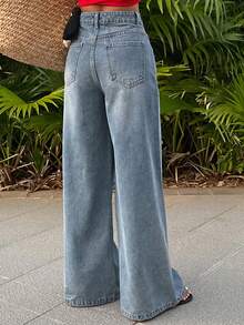 DAZY 女士休闲宽松直筒牛仔裤，做旧设计，度假风，适合春季、夏季和情人节穿着 - 藍色 - 查看 2