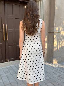Solivie Women's Polka Dot Print Pleated Round Neck Sleeveless Midi Dress Summer Outfits For Women  Women's Casual And Elegant Outfits Bridesmaid Dress Weddings & Events   Black Polka Dot Dress With White Background, Fitted Waist, Stretch Knit, Casual, Country Style, Retro Polka Dot Dress, Gathered Hem, Versatile Mid-Length Dress. - Multicolor - View 2