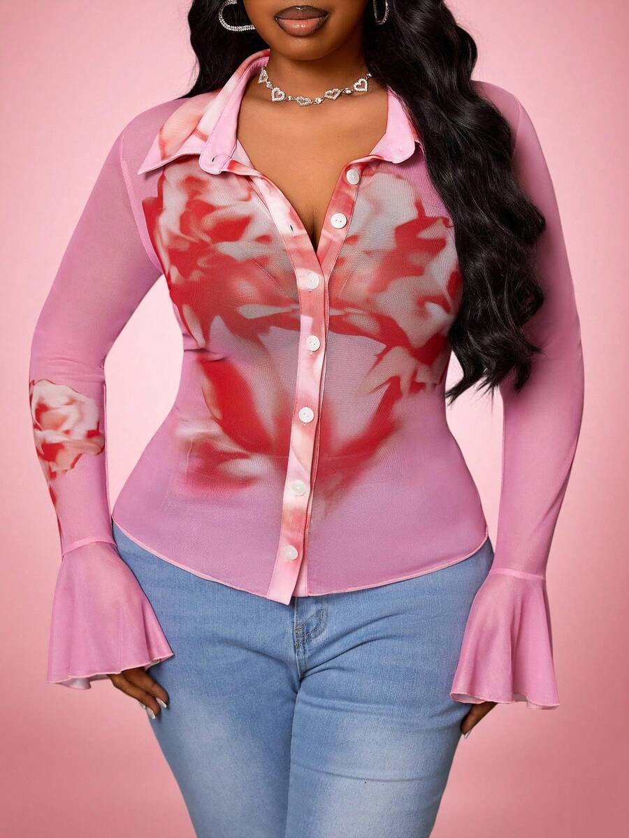 Truni 大码女士优雅粉色玫瑰印花长袖网纱上衣，喇叭袖口设计，适合约会、通勤、派对、情人节等场合。 - 彩色 - 查看 1