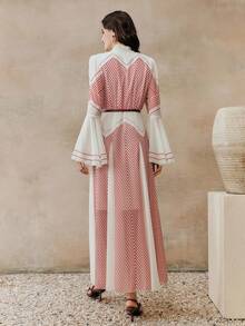 Anewsta 条纹喇叭袖系带腰身设计女士长裙 - 紅色 - 查看 3