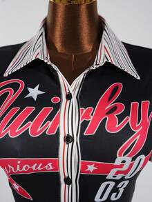 SaltGleam SaltGleam 女士时尚翻领纽扣字母条纹图案露脐紧身性感时尚休闲户外街头运动短袖露脐上衣 - 彩色 - 查看 6