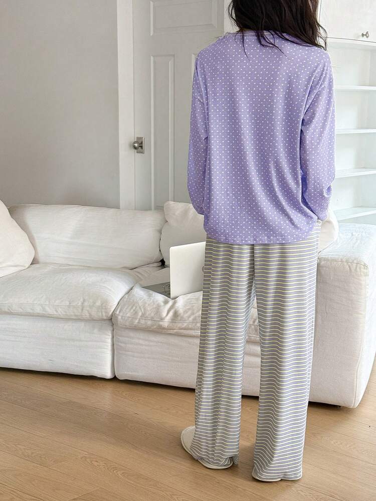 2pcs Women Cute Puppy Polka Dot Print Loose Long Sleeve T-Shirt And Striped Straight Leg Pants Pajama Set, Spring/Autumn