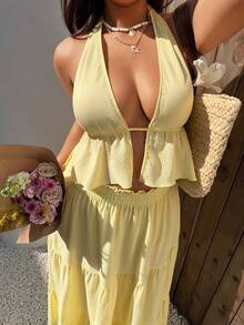 Sunnyshic 两件套纯色性感简约度假风露背宽松长裙套装，优雅 - 黃色 - 查看 5