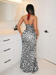 BamGleam Autumn/Winter Leopard Print Pattern Color Block Metal Buckle Halter Neck Women Dress - Black and White - View 2