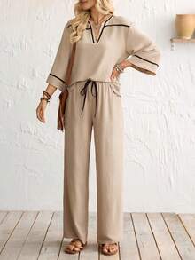 Florisole Vacation And Leisure Two-Piece Set With Black Trim, Summer Three-Quarter Sleeve Two-Piece Set With Trousers, Spring And Summer Two-Piece Set, Summer Suit, Casual Vacation Outfit, Women's Vacation Wear, Women's Holiday Outfit, Summer Holiday Outfit, Apricot Suit With Black Trim Design, Two-Piece Set - Apricot - View 3