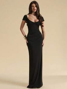 SHEIN BAE Đầm maxi nữ màu đen thanh lịch, chất liệu vải dệt kim, tay ngắn, cổ áo hình trái tim, chi tiết xếp ly và vạt đuôi cá. - màu đen - Xem 4