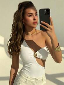 Aloruh Women's Solid Color Asymmetric Bodysuit - White - View 6