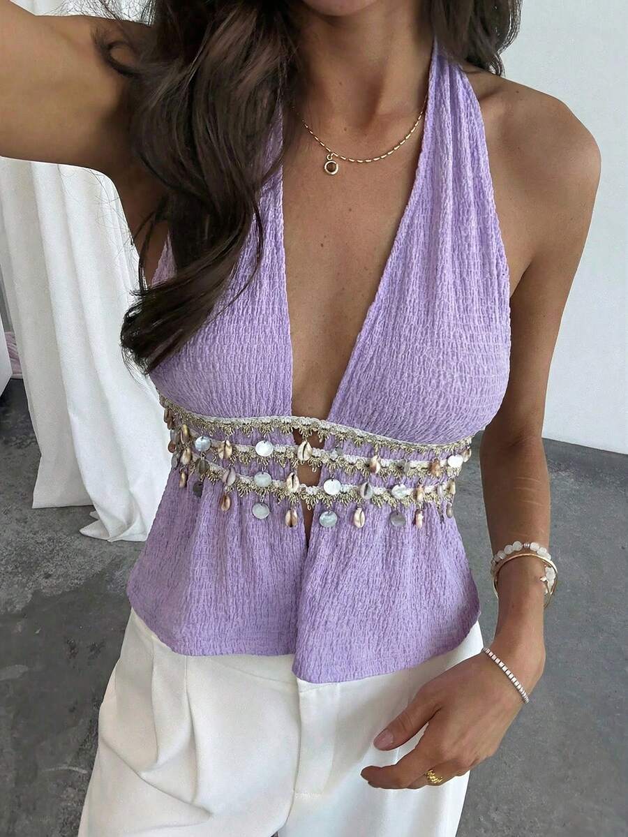 Aloruh 女士性感露背吊带背心，饰有贝壳边和腰部拼接设计 - 紫羅蘭色 - 查看 1