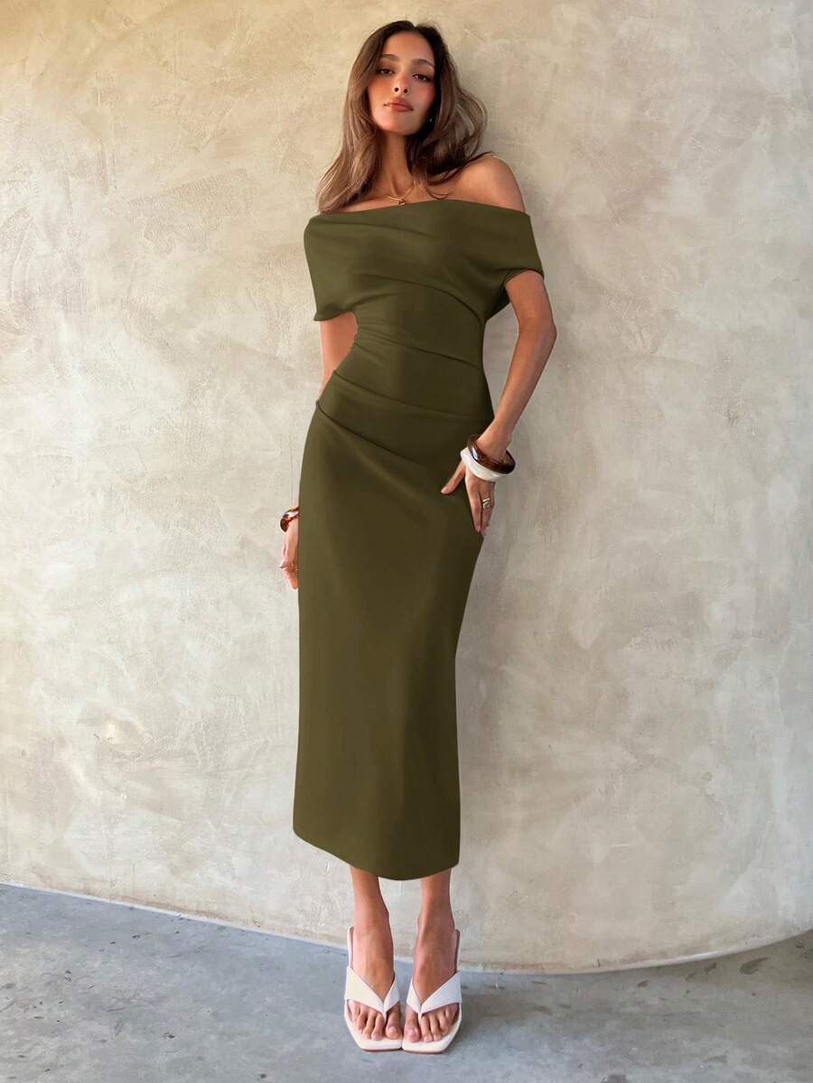Aloruh Women's Commuting, Casual, Office Ruched Bodycon Mid-Length Dress, Spring/Summer - Army Green - View 1
