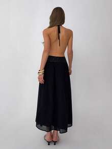 Aloruh 女士优雅性感露背串珠系腰连衣裙，纯黑色 - 黑色 - 查看 9