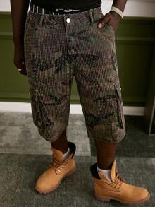 GALLERY FADE Men's Casual Street Style Multi-Pocket Crochet Camouflage Denim Shorts