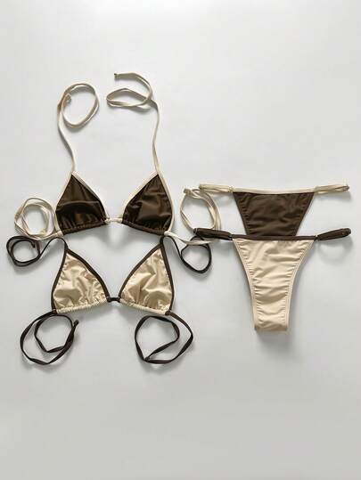 SHEIN Swim Chicsea 2pcs/Set Women's Sexy Beach Vacation Style Contrast Trim Knot Halter Split Bikini Set