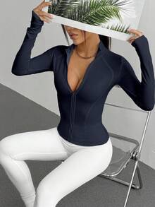 DAZY Chaqueta deportiva casual de mujer con ajuste ceñido y cordón en la cintura - Azul Marino - Ver 6