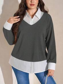 SHEIN LUNE 大码女式黑白撞色连帽衫衬衫领二合一上衣 感恩节女装 新年女装 冬季女装 锐舞派对 - 灰色 - 查看 7