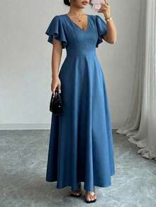 Elenzga 大码女式荷叶边袖V领A字连衣裙，优雅浪漫，牛仔布面料，春夏款 - 藍色 - 查看 1