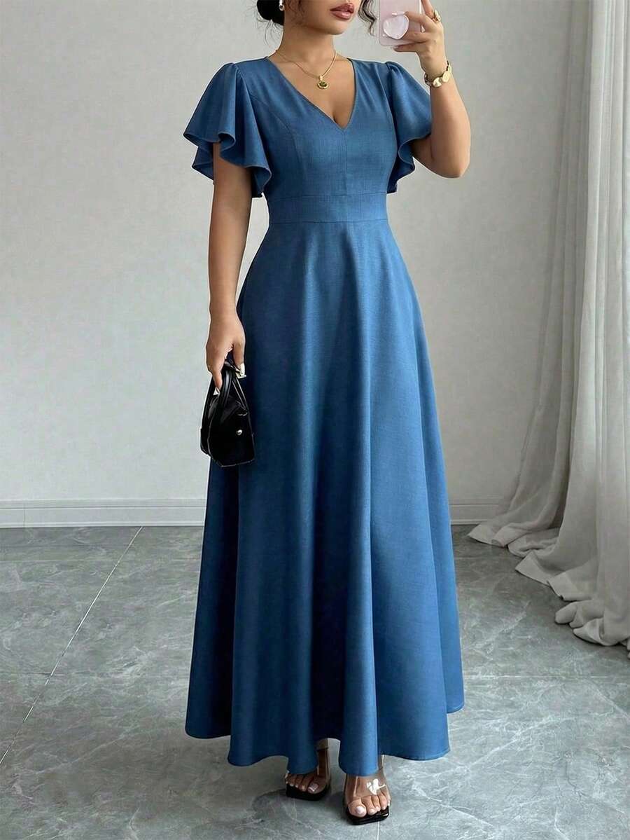 Elenzga 大码女式荷叶边袖V领A字连衣裙，优雅浪漫，牛仔布面料，春夏款 - 藍色 - 查看 1