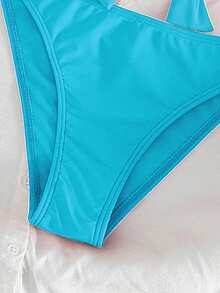 Swim Vcay Bộ bikini gợi cảm dành cho nữ, thích hợp cho kỳ nghỉ hè, kiểu dáng xếp ly, thắt nút, đính hạt, cổ yếm, có gọng và đệm mút, thích hợp cho kỳ nghỉ biển. - Màu xanh lam - Xem 4