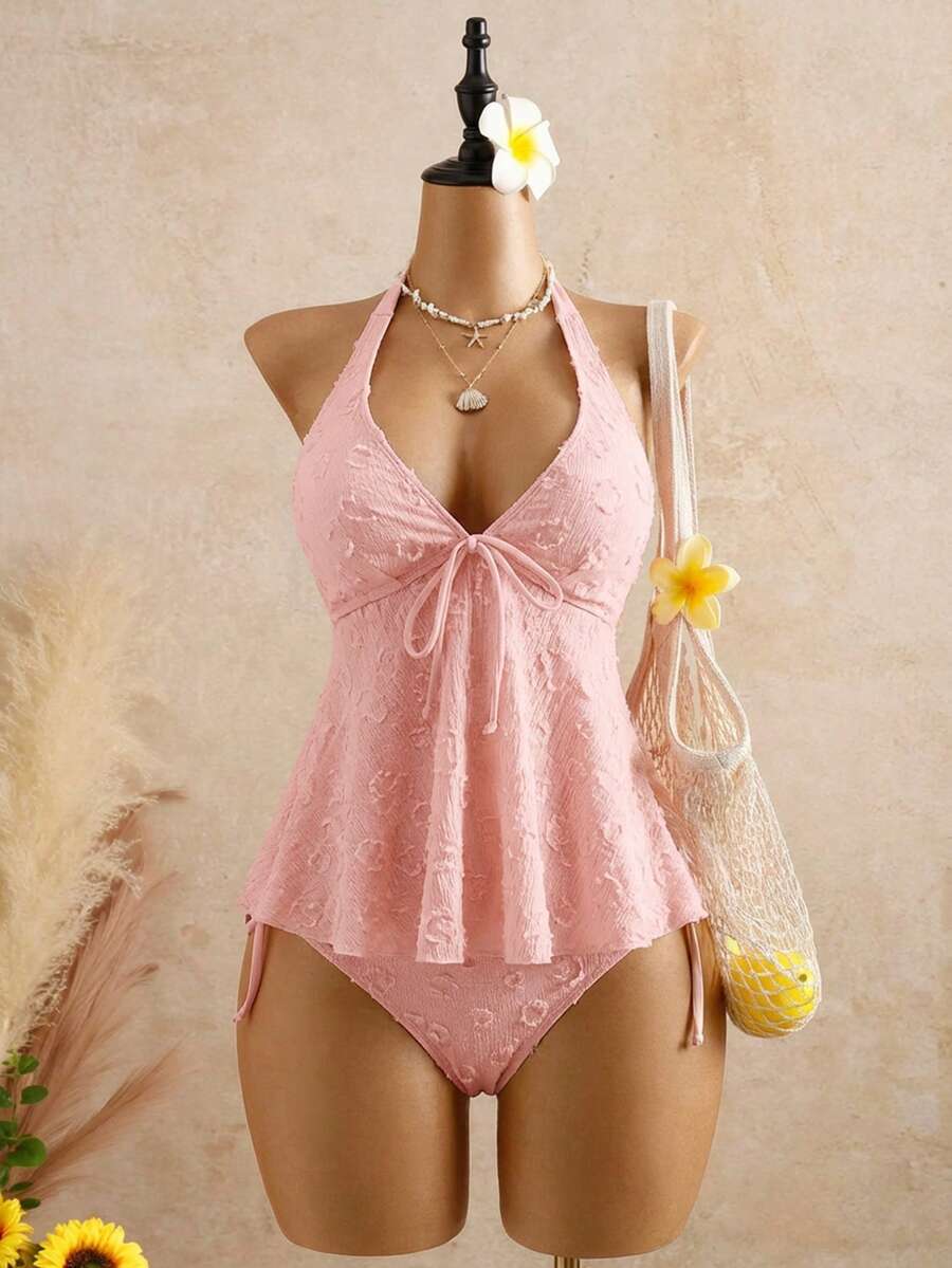 Bellisia Women's Relaxed Vacation Polka Dot Textured Fabric Camisole Bikini Top - Pink - View 1