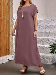 EMERY ROSE Plus Size Casual Solid Color Round Neck Short Sleeve Dress For Summer/ Vacation, Summer Dresses - Purple - View 3