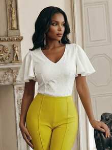 Anewsta Women's Minimalist Commuter Jacquard Ruffle Sleeve V-Neck Tight Top, Summer - White - View 3