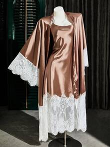 SilkySpell 2pcs Women Sexy Satin Slip Dress & Robe Set, Elegant Lace Trim Sleepwear, Khaki Robe & Robe Set, All Season Dress - Brown - View 3