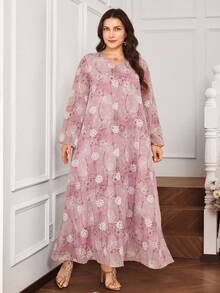 Al Najma Plus Size Women V-Neck Long Sleeve Loose Chiffon 3D Beaded Embroidery Romantic Elegant Arabic Maxi Dress, Spring/Summer - Multicolor - View 3