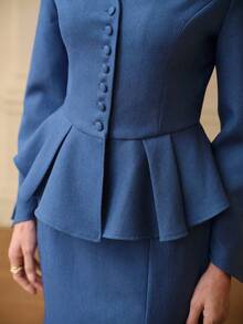 ZEYLAH 两件套/组：收腰X型西装外套和修身半裙，秋冬款 - 藍色 - 查看 2