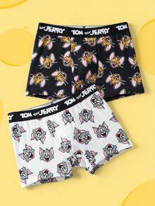 TOM & JERRY X SHEIN 2pcs/Set Young Boy Cartoon Allover Print Contrast Letter Tape Waist Comfortable Boxer Briefs - Black and White - View 1