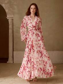 MOTF PREMIUM 女士长袖褶皱浪漫优雅印花长款连衣裙，春夏款 - 彩色 - 查看 3