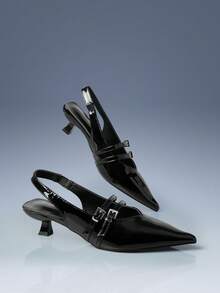 CUCCOO GRLICON Women's Pointed Toe Solid Color Fashion Buckle Decor High Heel Pumps Y2K - Black - View 3