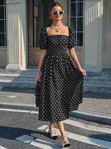 EMERY ROSE Women's Spring And Summer Knitted Dot Linen-Mix One-Shoulder Ruffled Bow Bubble Sleeve A-Line Tea Dress, Black And White Polka Dot Elegant Style - Black - View 5