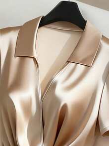 GlowEve Women's Elegant Commuter Crossed Collar Short Sleeve Midi Dress, Summer - Apricot - View 7