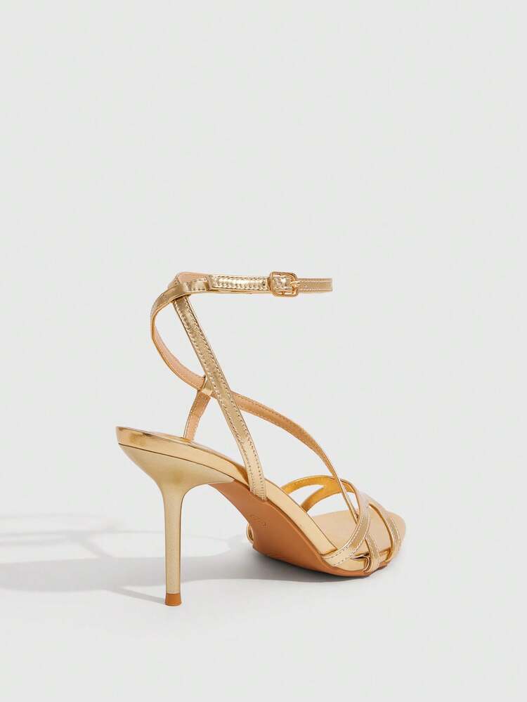 CUCCOO SZL Women Shoes Spring Summer T-Strap Crossed Strap Metal Patent Leather Glossy Open-Toed High Heel, Celebrity Style, Light Gold Women's High Heel Sandals Banquet Party Annual Meeting Dating Commuting Shopping Holiday Gifts