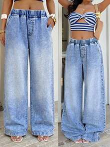 Sunnyshic Quần ống rộng nữ cạp chun, có túi, kiểu dáng thường ngày, đa năng, thích hợp đi làm. - Rửa nhẹ - Xem 1