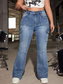 SHEIN ICON 加厚翻盖侧口袋喇叭牛仔裤 - 藍色 - 查看 5