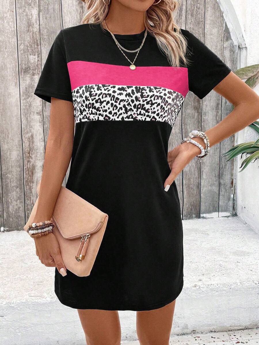EMERY ROSE Women's Summer Casual Beach Vacation Leopard Print Patchwork Contrast Color Short Sleeve T-Shirt Dress - Multicolor - View 1