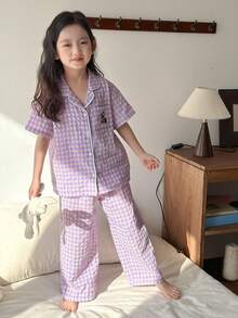 Dazy Kids 女童格子短袖睡裤套装，春夏款 - 紫色 - 查看 7