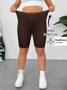 SHEIN EZwear Pantaloncini casual skinny vita alta elastica, taglia comoda, colore marrone - Castano - Visualizzare 1
