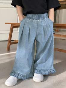 DAZY Young Girl Elastic Waist Pocket Pleated Ruffle Hem Casual Versatile Daily Wear Wide Leg Jeans - Blue - View 3
