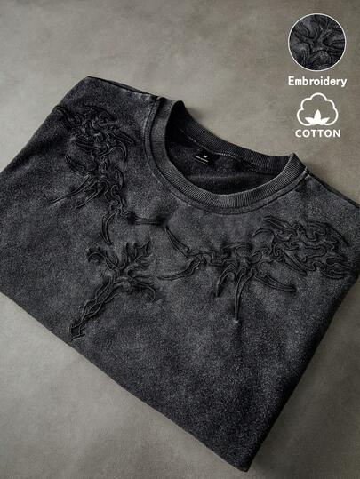 PAVTROS Camiseta negra lavada con bordado de cruz desgastado, estilo callejero popular para hombres, adecuada para festivales de música al aire libre, salidas casuales, regalos para novio/esposo, camisetas de algodón para hombre