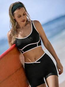 Swim SPRTY 女士沙滩度假撞色滚边比基尼泳装套装 - 黑與白 - 查看 1