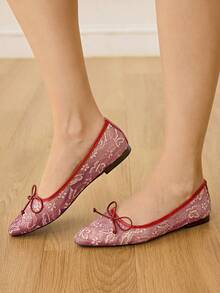 CUCCOO HITCHD 女士蕾丝网纱花卉刺绣蝴蝶结装饰圆头鞋，优雅浪漫甜美少女柔软白色网纱芭蕾平底鞋，适合新娘、伴娘、派对、婚礼等场合，尽显优雅气质 - 中紫紅色 - 查看 8